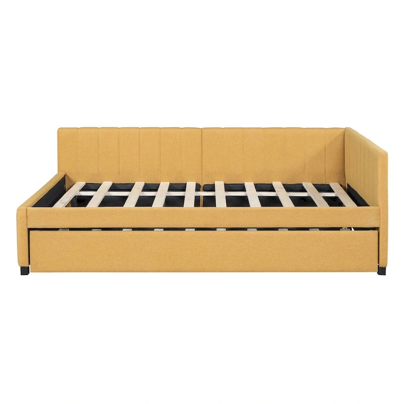 Full Size Upholstered Daybed with Trundle Sofa Bed Frame No Box Spring Needed