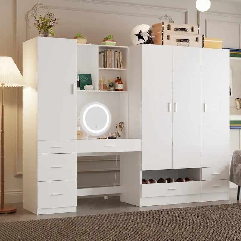 Workspace and Wardrobe Combo Storage Furniture Set with Deluxe Vanity