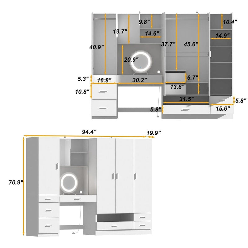 Workspace and Wardrobe Combo Storage Furniture Set with Deluxe Vanity