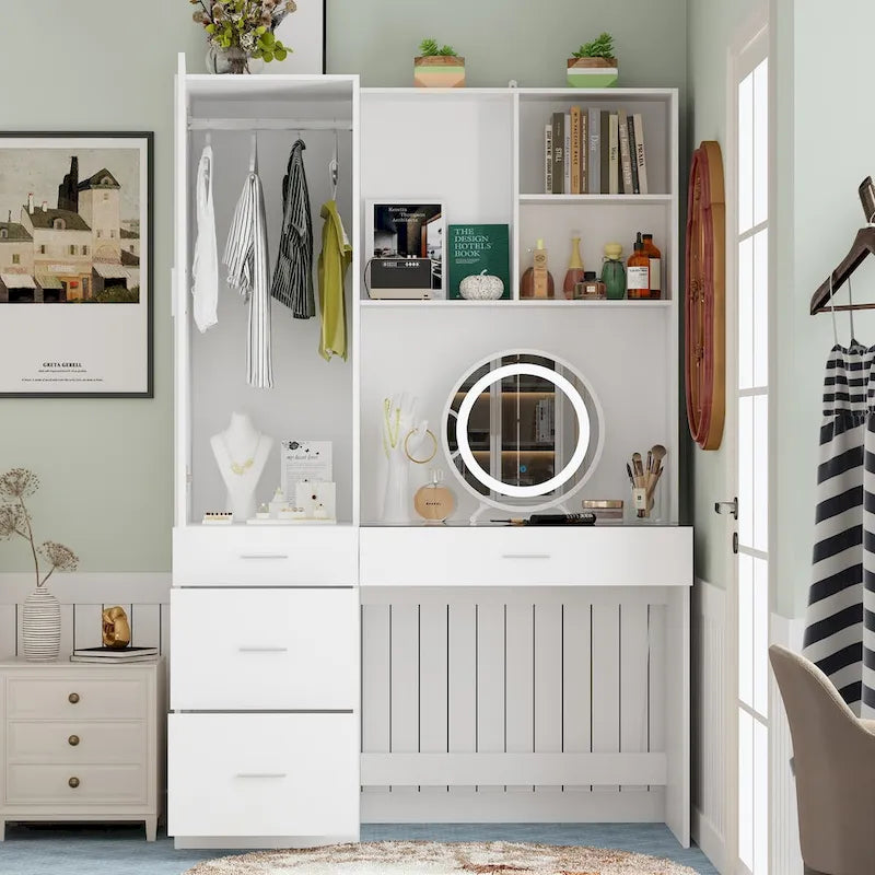Workspace and Wardrobe Combo Storage Furniture Set with Deluxe Vanity