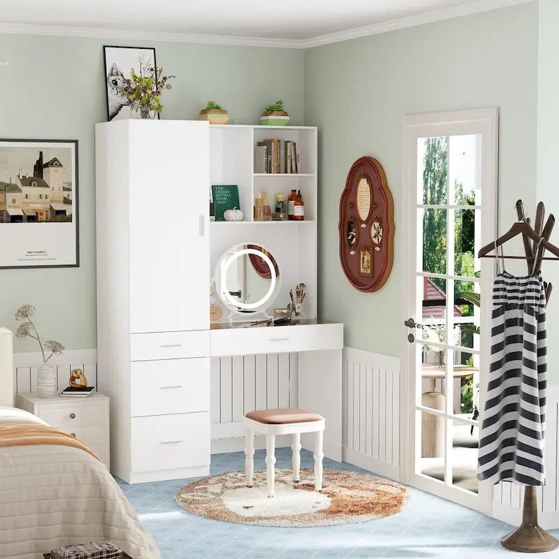 Workspace and Wardrobe Combo Storage Furniture Set with Deluxe Vanity