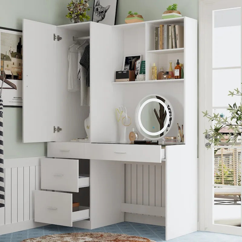 Workspace and Wardrobe Combo Storage Furniture Set with Deluxe Vanity