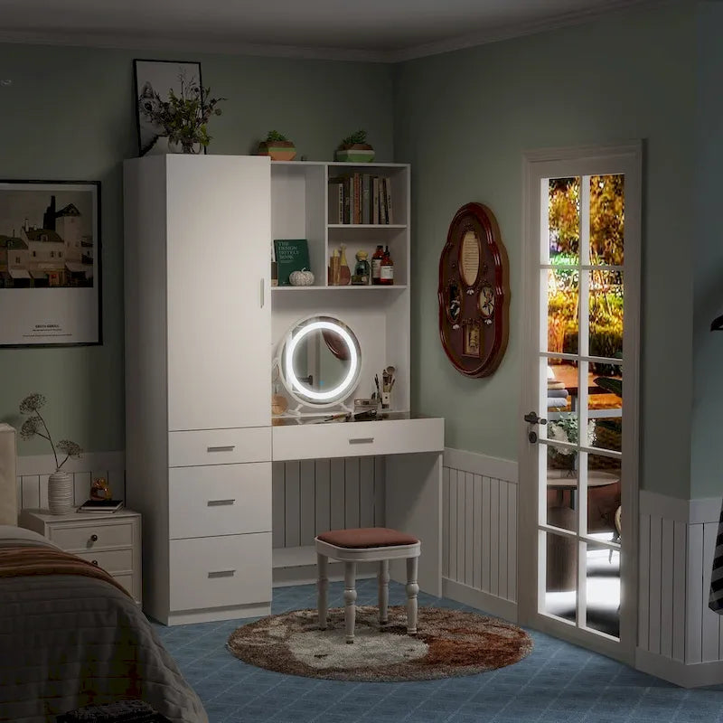 Workspace and Wardrobe Combo Storage Furniture Set with Deluxe Vanity