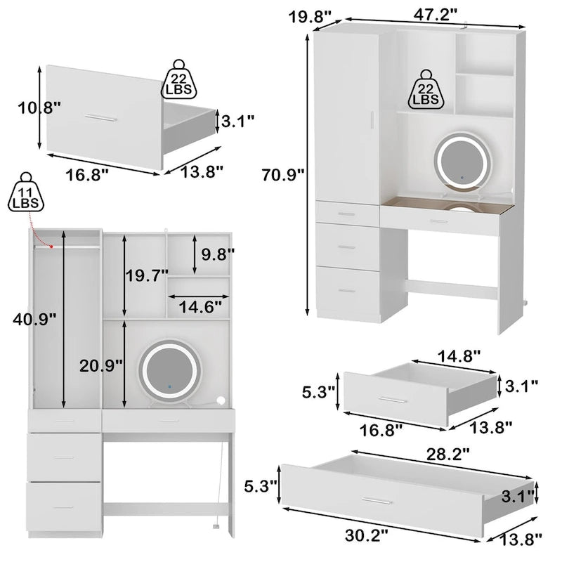 Workspace and Wardrobe Combo Storage Furniture Set with Deluxe Vanity