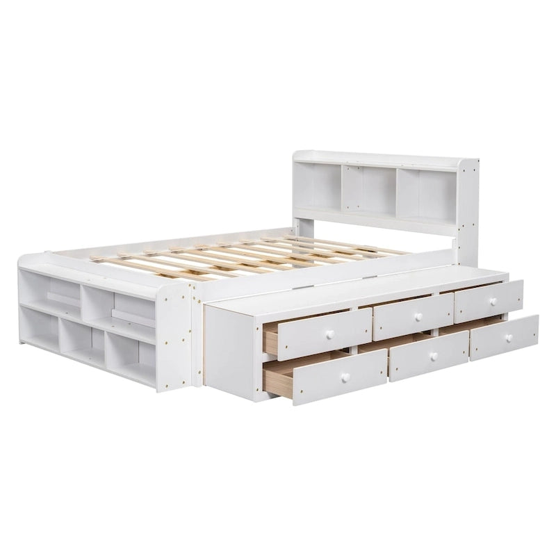 Full Bed with Bookcase Headboard, Under bed Storage Drawers and Bed End Storage Case