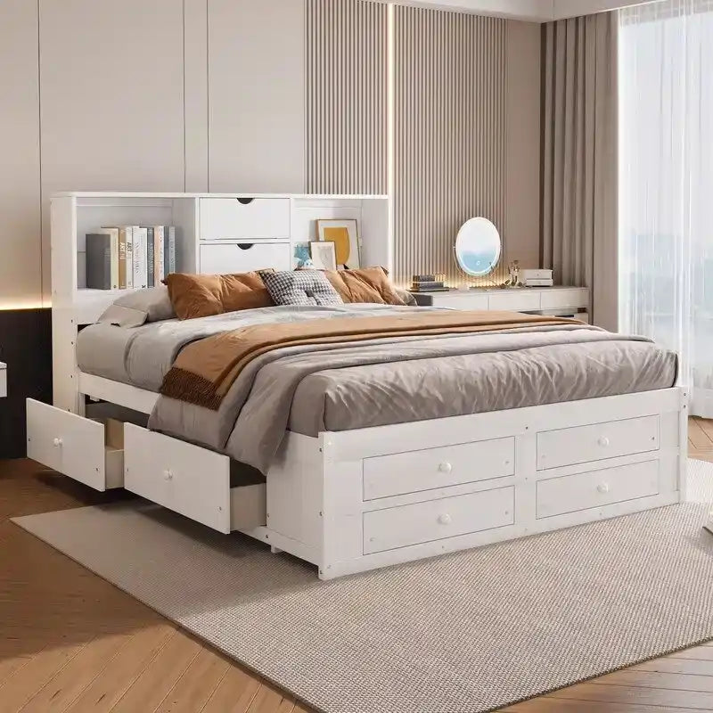 King Size Platform Bed with Storage Bookshelf and 8 Drawers