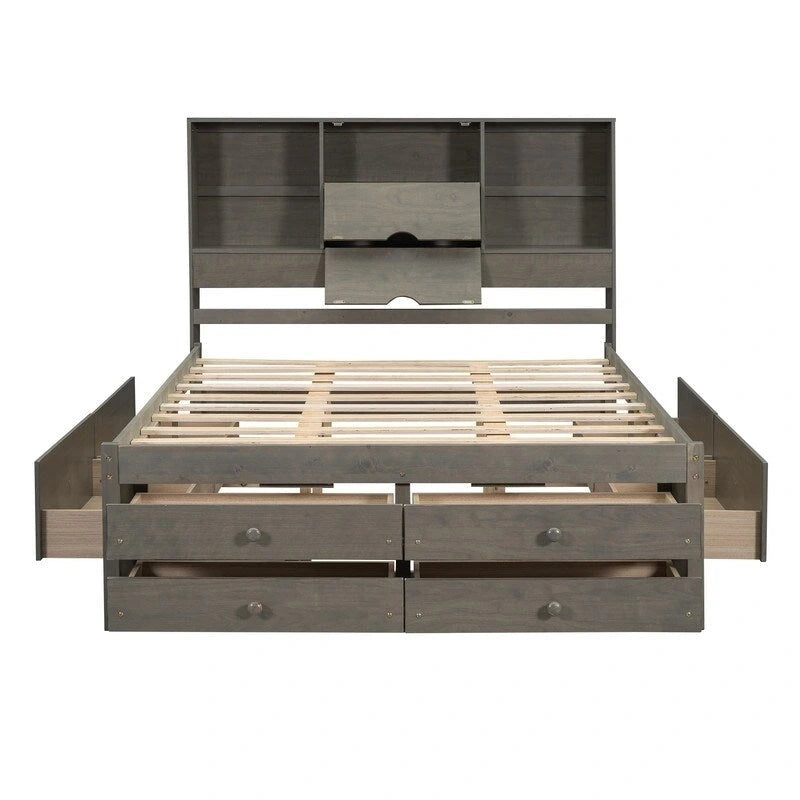 King Size Platform Bed with Storage Bookshelf and 8 Drawers