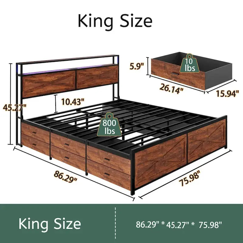 Bed Frame with Storage Headboard and 12 Drawers and LED Lights