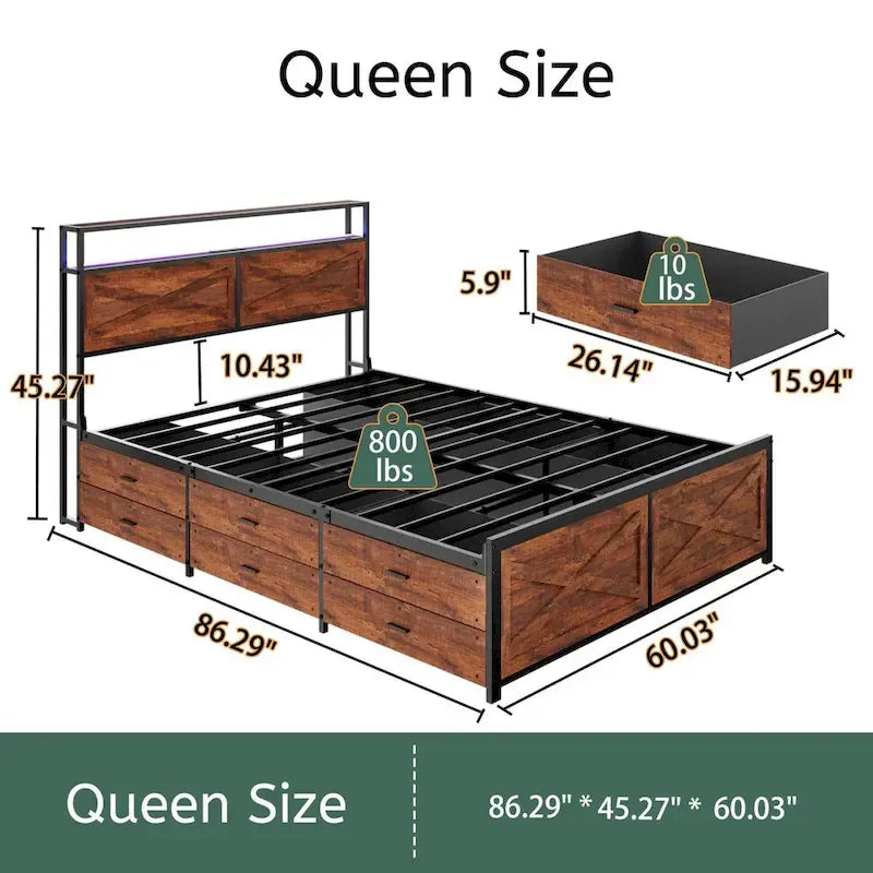 Bed Frame with Storage Headboard and 12 Drawers and LED Lights