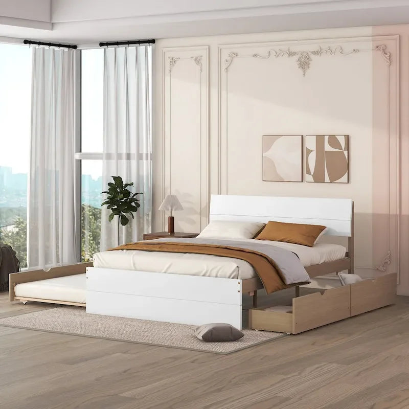 Full Bed Frame With Twin Size Trundle And 2 Drawers