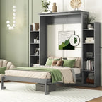Full Size Murphy Wall Bed Frame with Shelves and LED Lights,for Girls Boys Teens,No Box Spring Needed