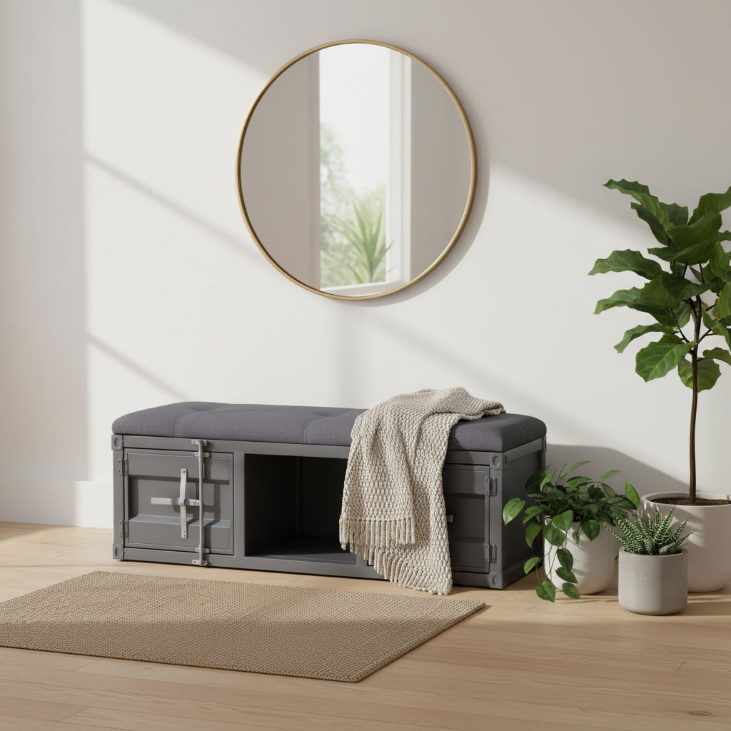 Industrial Style Metal and Fabric Bench with Open Storage, Gray
