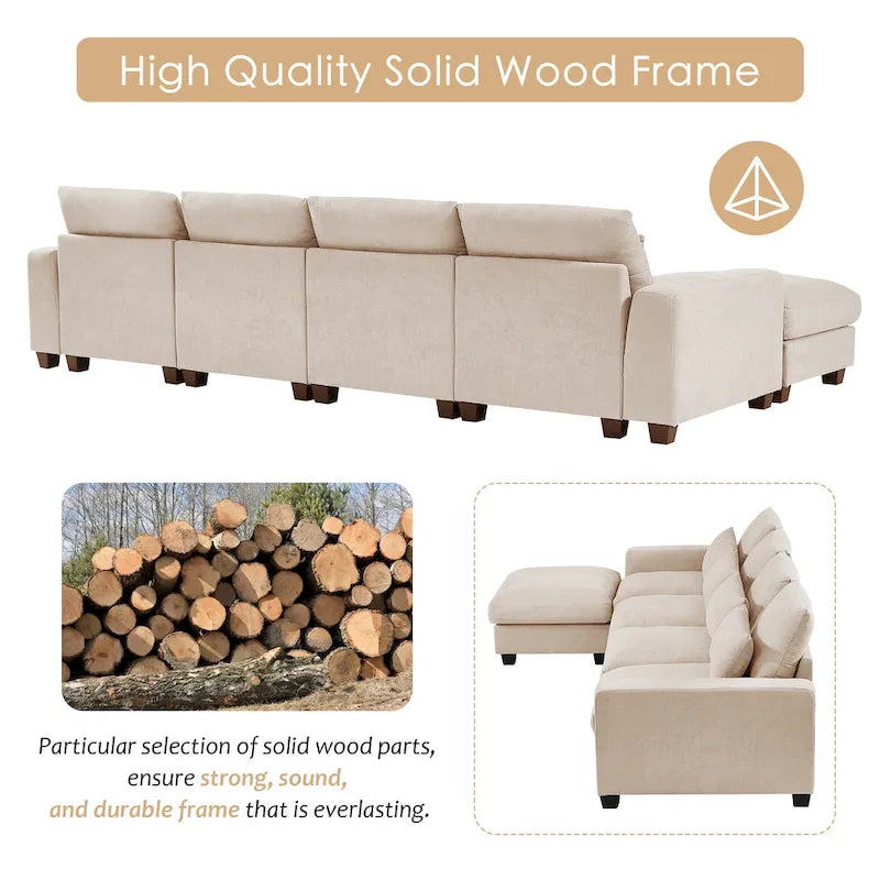 Modern Convertible Large L-shaped Feather Filled Sectional Sofa with Reversible Chaise - 129.9W x 72D x 31.5H