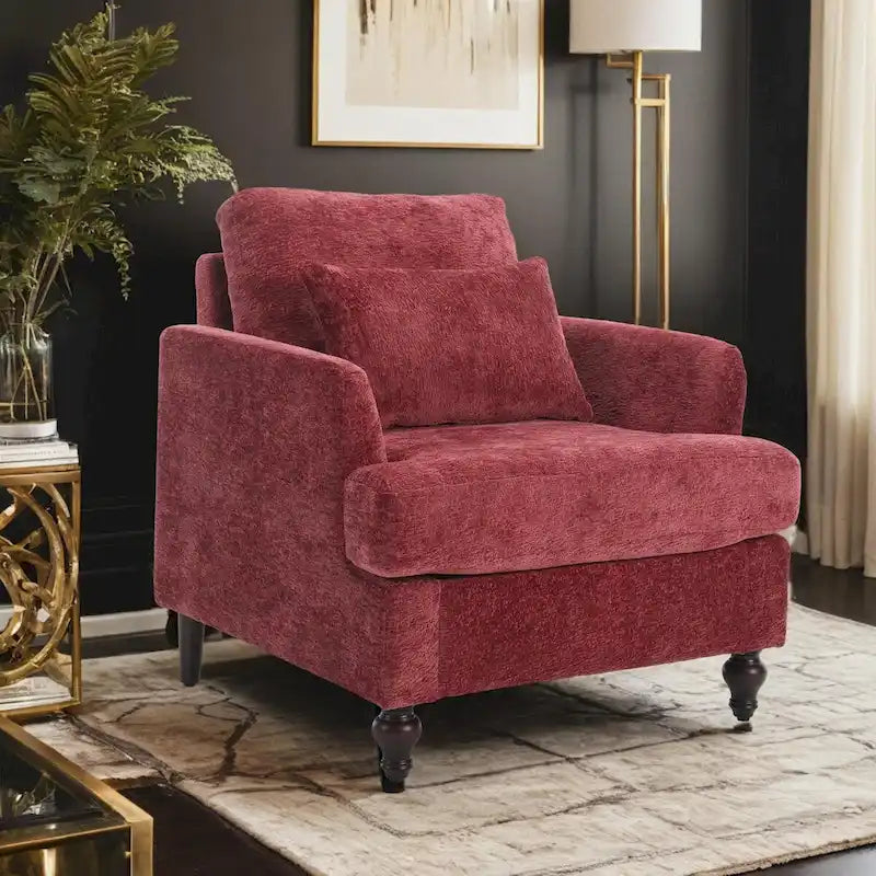 Chenille Single Sofa Chair, Upholstered Accent Chair with Soft Pillow, Mid Century Modern Reading Armchair