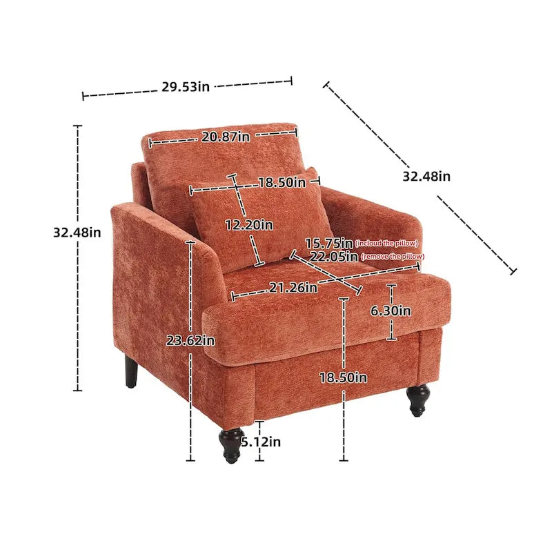 Chenille Single Sofa Chair, Upholstered Accent Chair with Soft Pillow, Mid Century Modern Reading Armchair