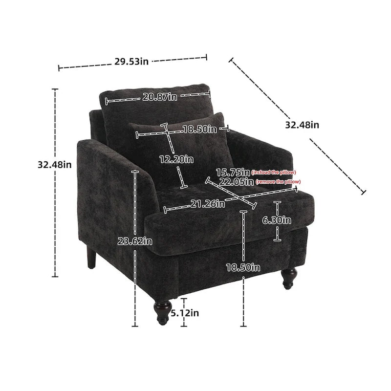 Chenille Single Sofa Chair, Upholstered Accent Chair with Soft Pillow, Mid Century Modern Reading Armchair