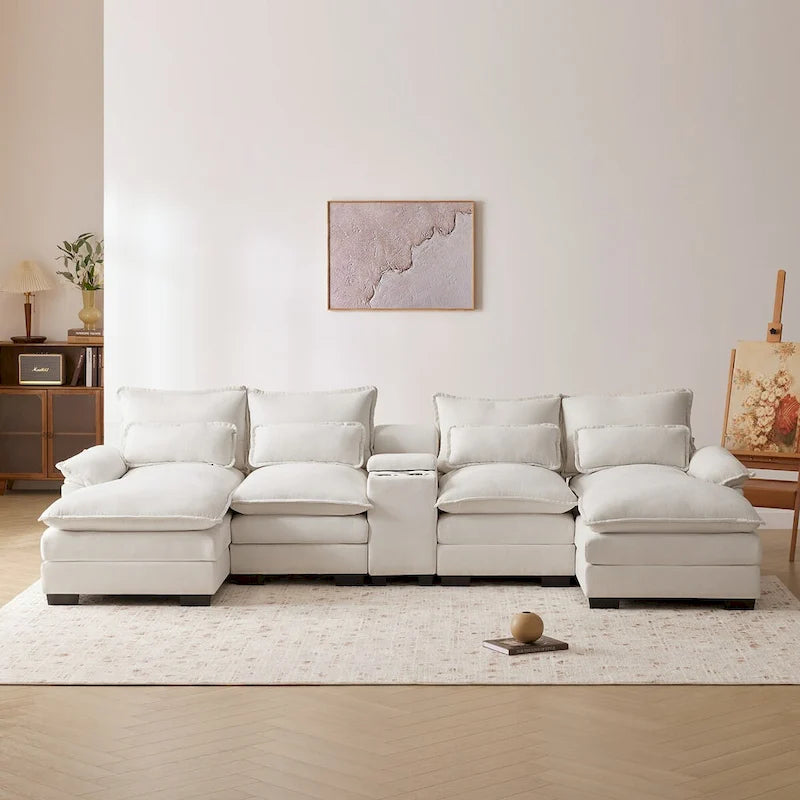 123*55U-shaped Sofa with Console, Cupholders and USB Ports, 6-seat Upholstered Symmetrical Sleeper Couch Set with Chaise