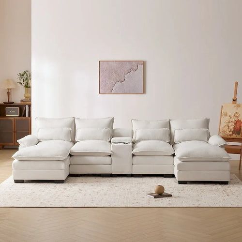 123*55U-shaped Sofa with Console, Cupholders and USB Ports, 6-seat Upholstered Symmetrical Sleeper Couch Set with Chaise