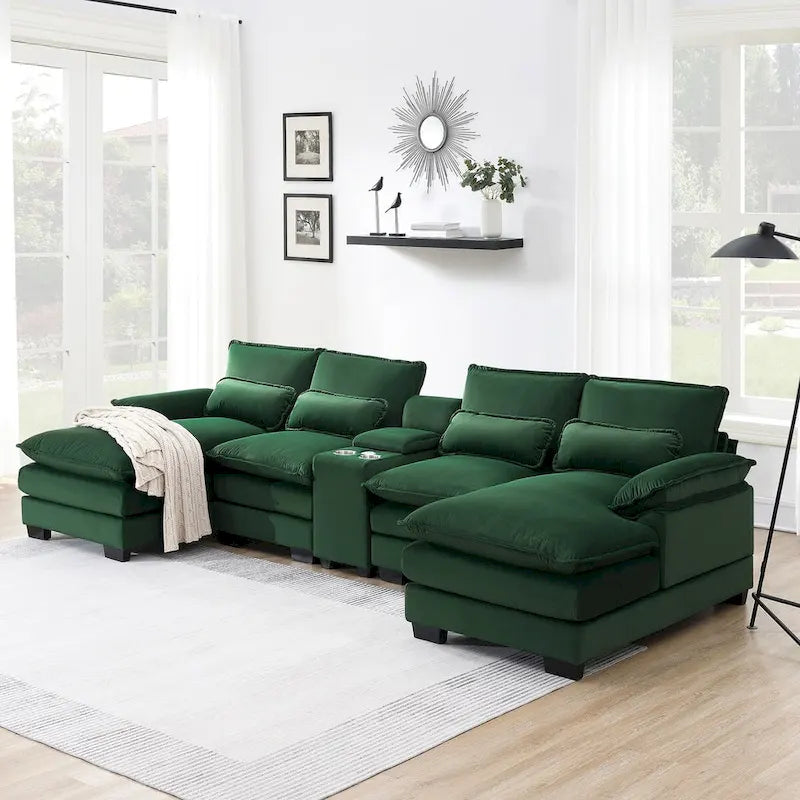 123*55U-shaped Sofa with Console, Cupholders and USB Ports, 6-seat Upholstered Symmetrical Sleeper Couch Set with Chaise