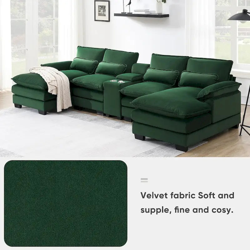123*55U-shaped Sofa with Console, Cupholders and USB Ports, 6-seat Upholstered Symmetrical Sleeper Couch Set with Chaise