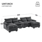 123*55U-shaped Sofa with Console, Cupholders and USB Ports, 6-seat Upholstered Symmetrical Sleeper Couch Set with Chaise