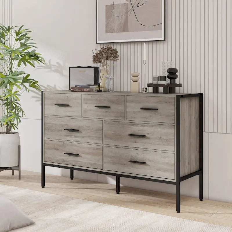 Wood Dresser with 7 Drawers, Wooden Storage Closet for Bedroom, Solid Clothes Cabinet with Sturdy Steel Frame