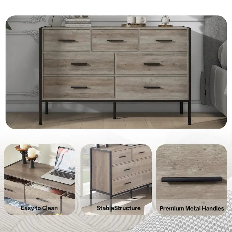 Wood Dresser with 7 Drawers, Wooden Storage Closet for Bedroom, Solid Clothes Cabinet with Sturdy Steel Frame