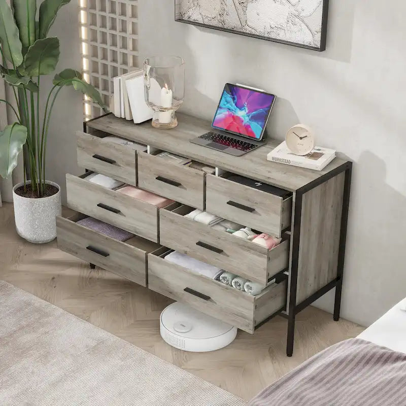 Wood Dresser with 7 Drawers, Wooden Storage Closet for Bedroom, Solid Clothes Cabinet with Sturdy Steel Frame