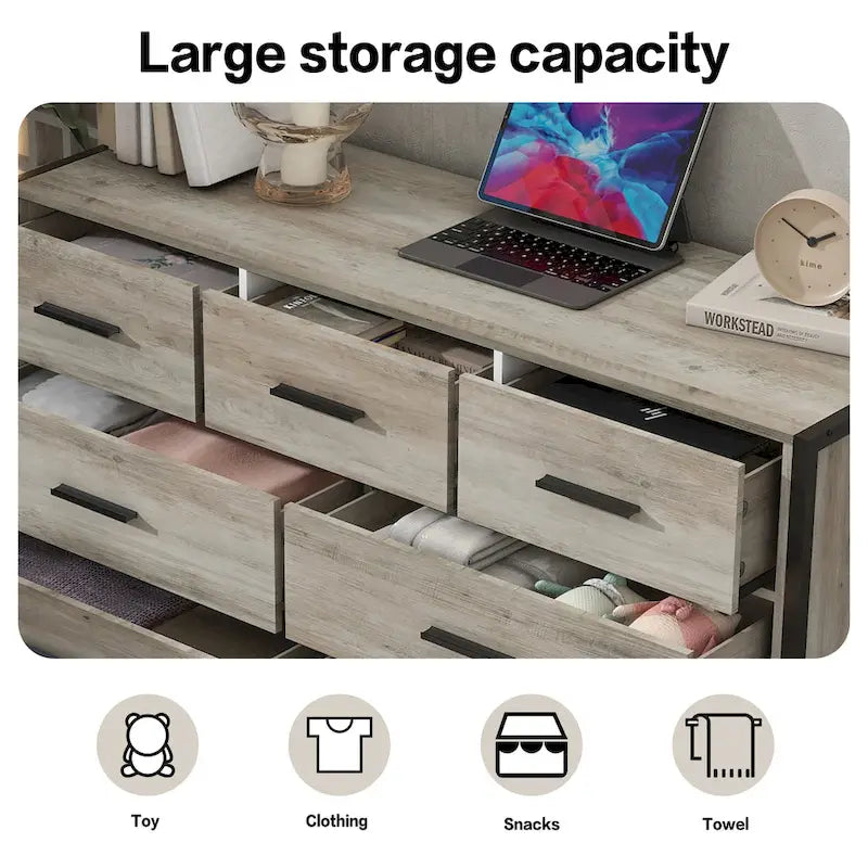 Wood Dresser with 7 Drawers, Wooden Storage Closet for Bedroom, Solid Clothes Cabinet with Sturdy Steel Frame