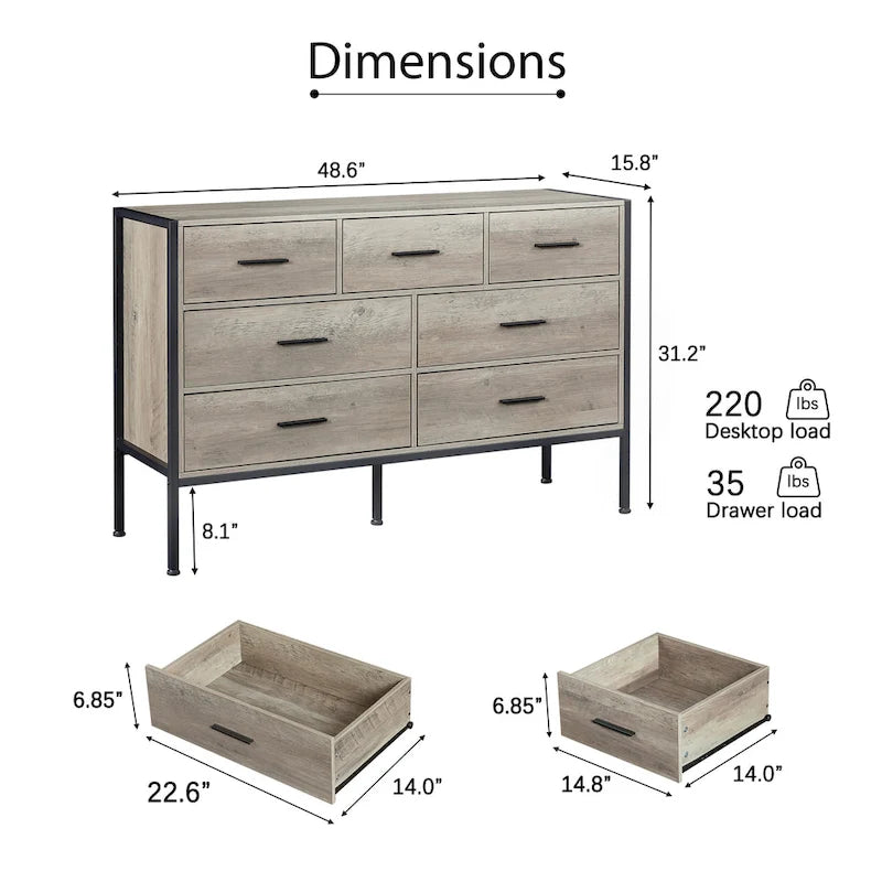 Wood Dresser with 7 Drawers, Wooden Storage Closet for Bedroom, Solid Clothes Cabinet with Sturdy Steel Frame