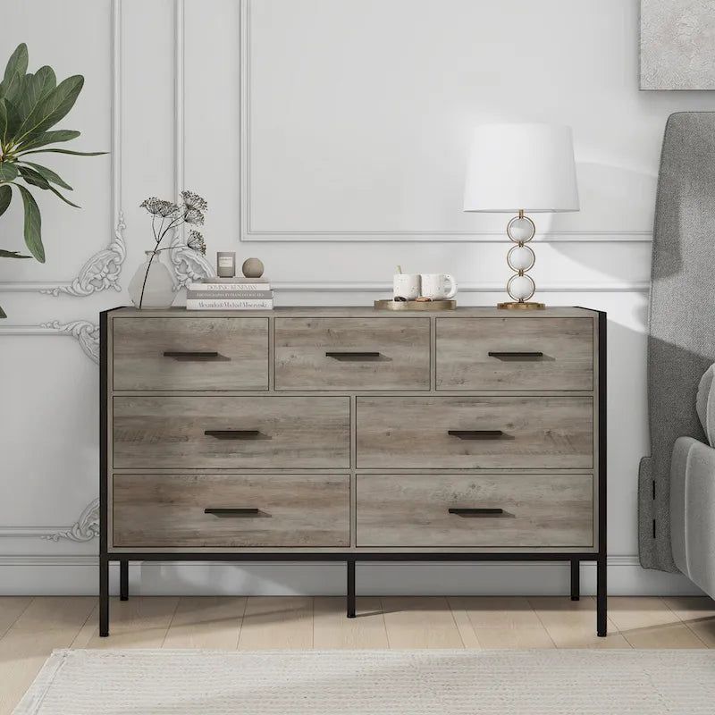 Wood Dresser with 7 Drawers, Wooden Storage Closet for Bedroom, Solid Clothes Cabinet with Sturdy Steel Frame
