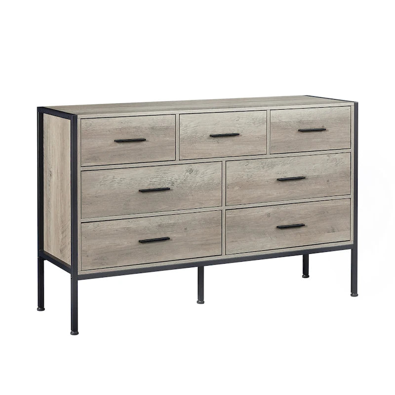 Wood Dresser with 7 Drawers, Wooden Storage Closet for Bedroom, Solid Clothes Cabinet with Sturdy Steel Frame