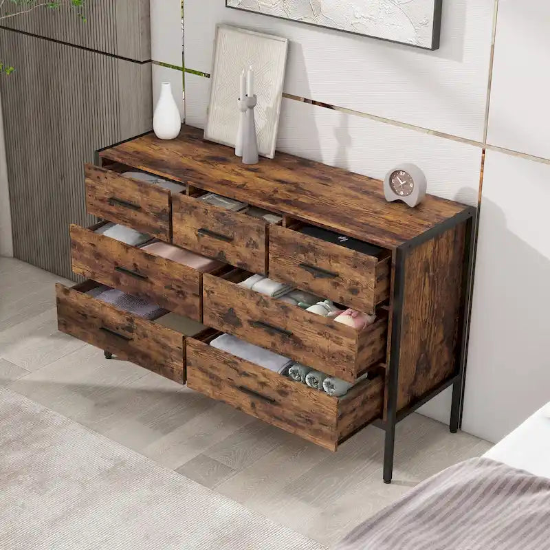Wood Dresser with 7 Drawers, Wooden Storage Closet for Bedroom, Solid Clothes Cabinet with Sturdy Steel Frame