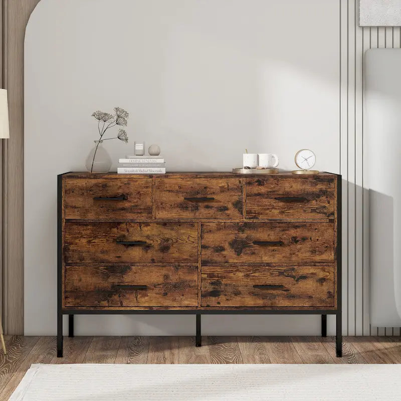 Wood Dresser with 7 Drawers, Wooden Storage Closet for Bedroom, Solid Clothes Cabinet with Sturdy Steel Frame