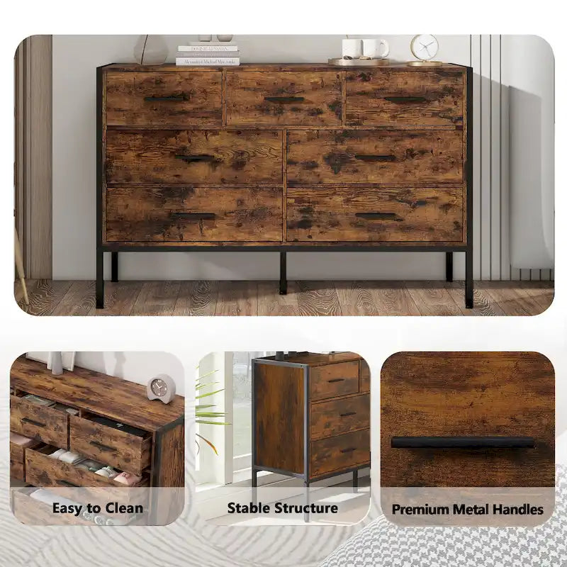 Wood Dresser with 7 Drawers, Wooden Storage Closet for Bedroom, Solid Clothes Cabinet with Sturdy Steel Frame