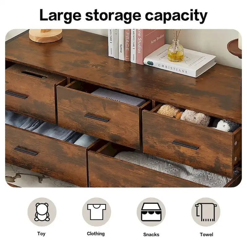 Wood Dresser with 7 Drawers, Wooden Storage Closet for Bedroom, Solid Clothes Cabinet with Sturdy Steel Frame