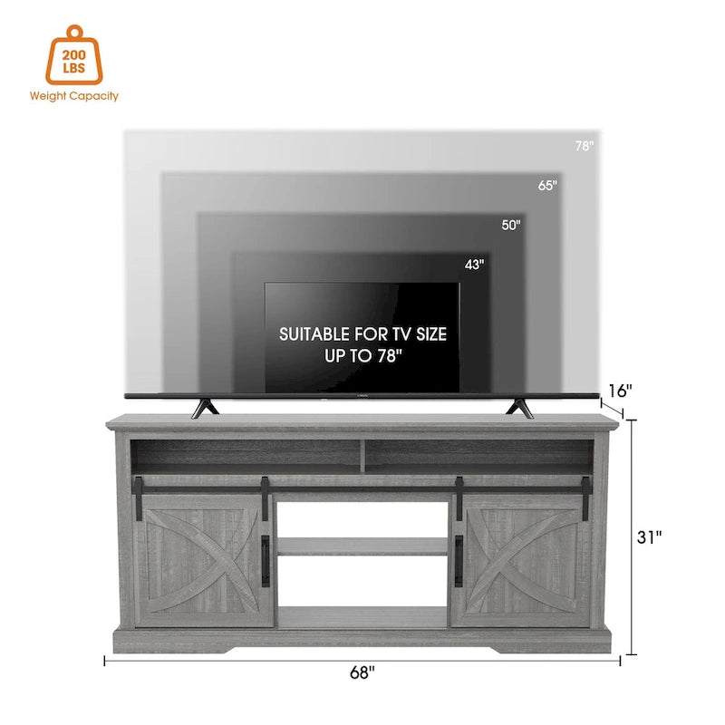 68 Farmhouse Grey Sliding Barn Door TV Stand with Storage Open Compartment