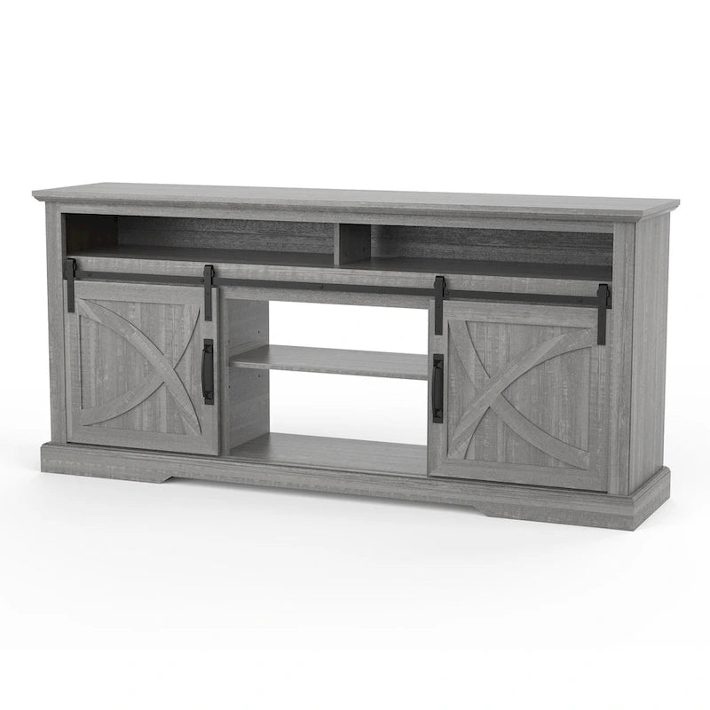68 Farmhouse Grey Sliding Barn Door TV Stand with Storage Open Compartment