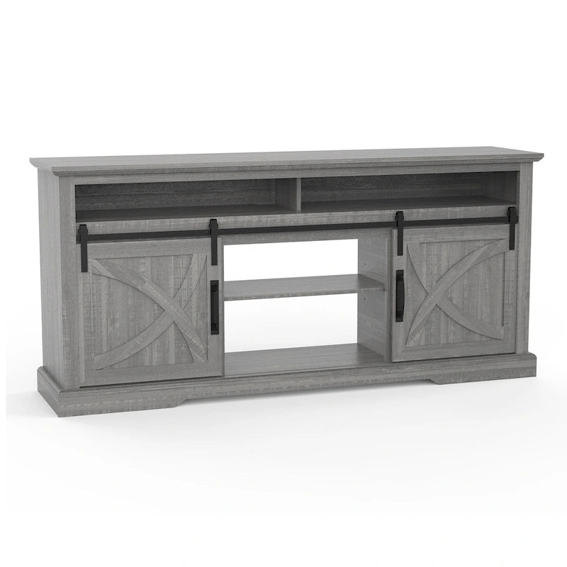 68 Farmhouse Grey Sliding Barn Door TV Stand with Storage Open Compartment