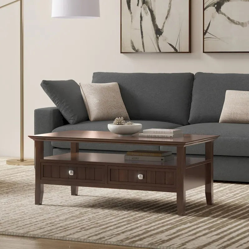 Wyndenhall Normandy SOLID WOOD 48 inch Wide Rectangle Transitional Coffee Table with Drawer in Brunette Brown