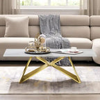 Luxurious 50 inch Rectangle White Glass Coffee Table with Mirrored M-Shaped Base
