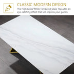 Luxurious 50 inch Rectangle White Glass Coffee Table with Mirrored M-Shaped Base