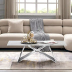 Luxurious 50 inch Rectangle White Glass Coffee Table with Mirrored M-Shaped Base