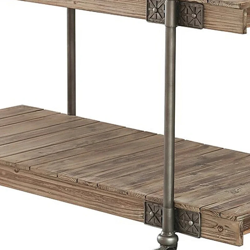 Loak 47 Inch Sofa Table, Plank Design, 1 Shelf, Wheels, Brown, Black