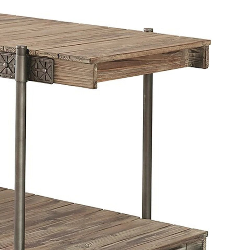 Loak 47 Inch Sofa Table, Plank Design, 1 Shelf, Wheels, Brown, Black