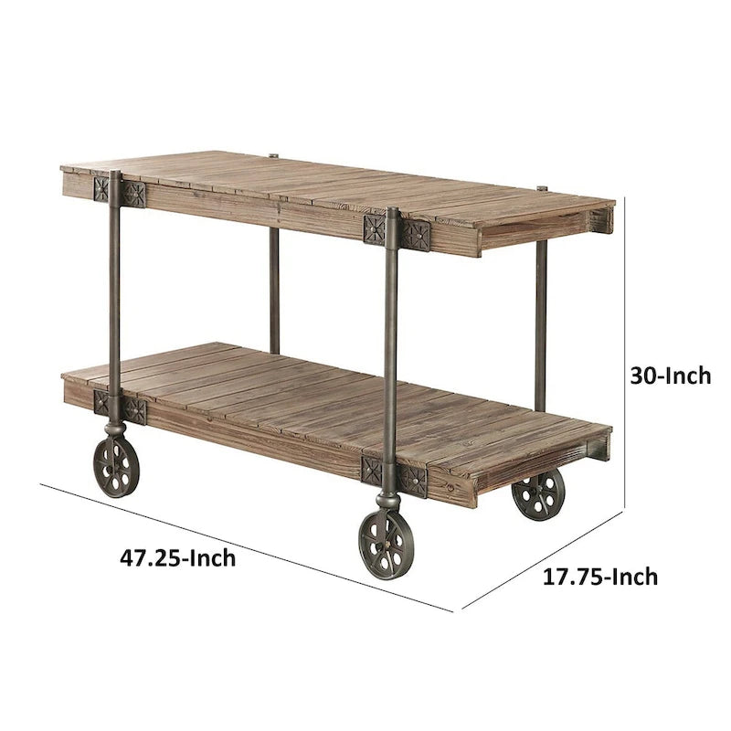 Loak 47 Inch Sofa Table, Plank Design, 1 Shelf, Wheels, Brown, Black