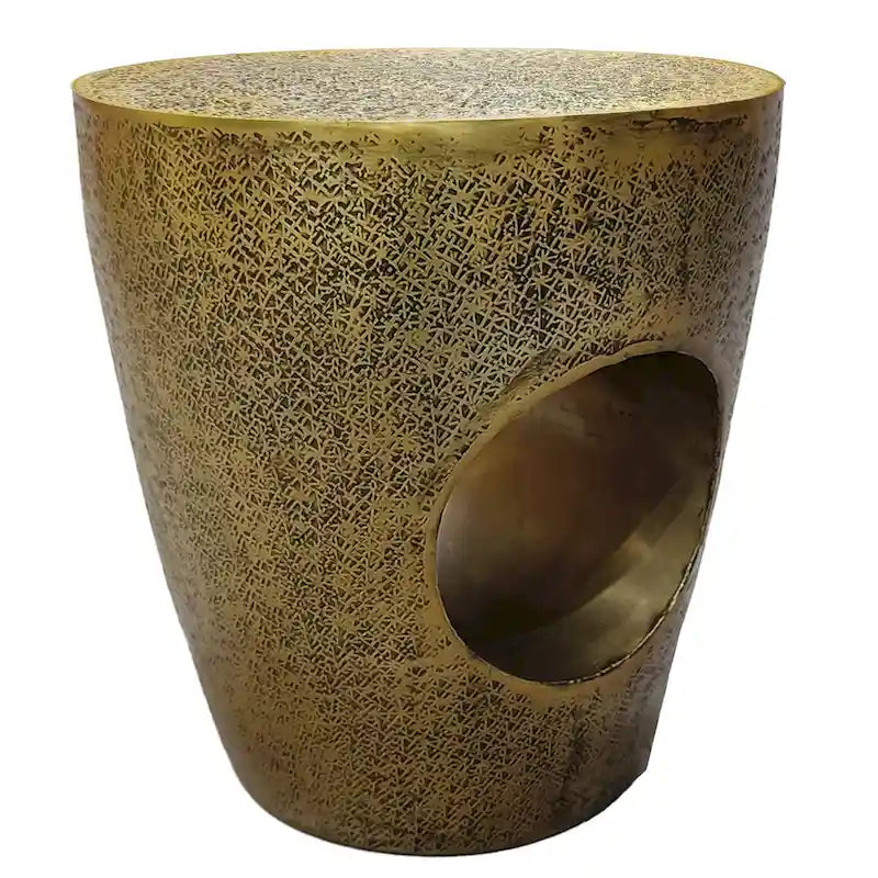 Nala 17 Inch Side End Table, Tapered Drum Shape with Unique Hollow Center, Antique Brass Aluminum