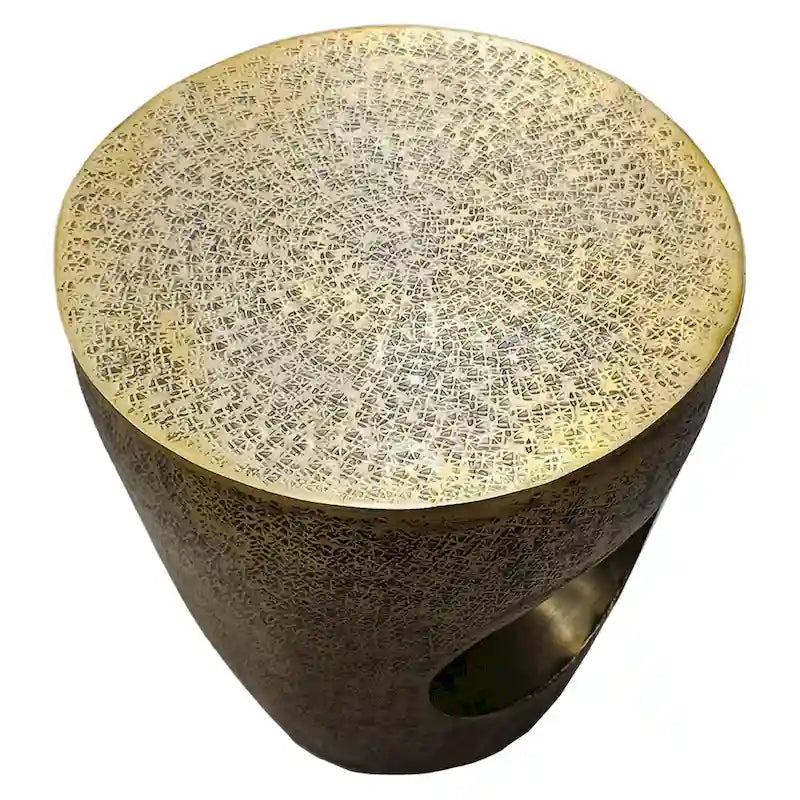 Nala 17 Inch Side End Table, Tapered Drum Shape with Unique Hollow Center, Antique Brass Aluminum