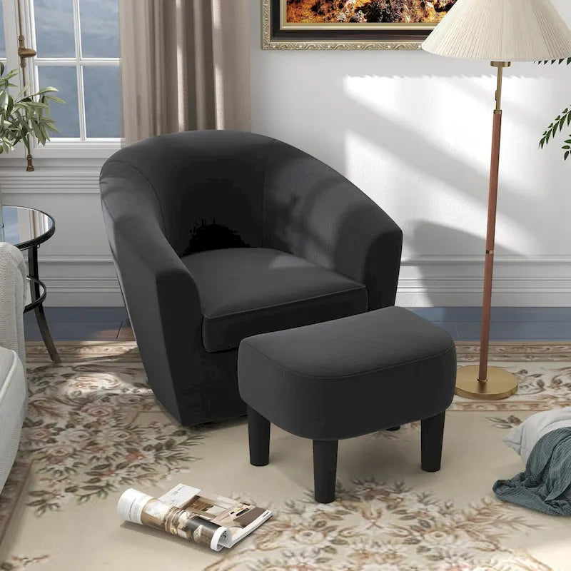 Swivel Accent Chair with Ottoman, Comfy Velvet 360 Degree Swivel Barrel Round Club Tub Sofa Chair for Bedroom Reading Room