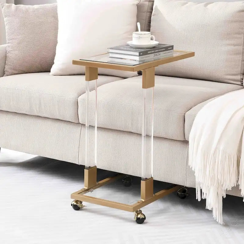 Glass Side Table, Acrylic End Table, Glass Top C Shape Square Table with Metal Base